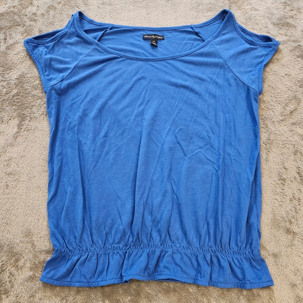 American Eagle Outfitters Blue Cold Shoulder Ruffle Hem Blouse Top Small